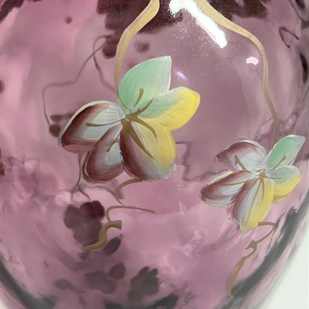 Vintage Fenton Plum Amethyst Diamond Optic Vase Hand Painted Grapes J Cunningham